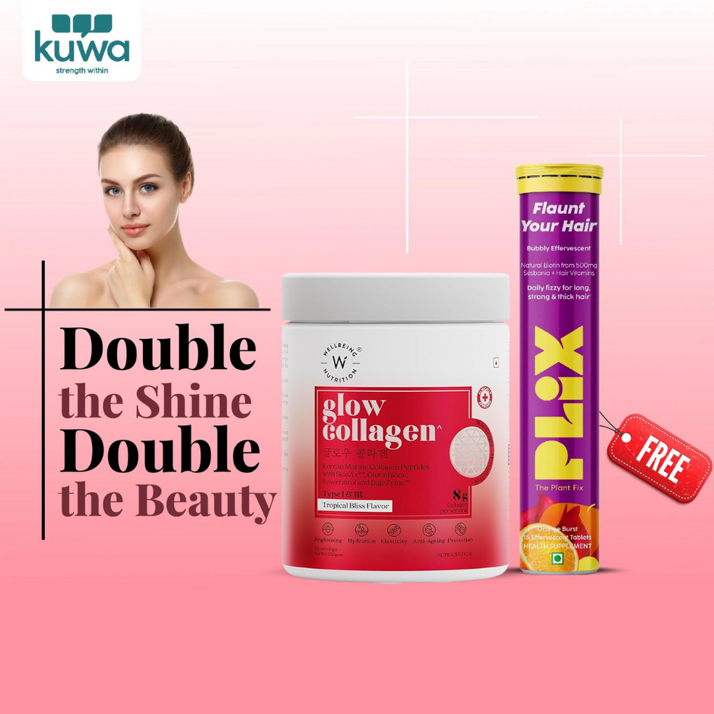 Wellbeing Nutrition Glow Japanese Marine Collagen Peptides, 250 Gms + FREE Plix Flaunt Your Hair Orange Wellbeing Nutrition Glow Japanese Marine Collagen Peptides, 250 Gms + FREE Plix Flaunt Your Hair Orange