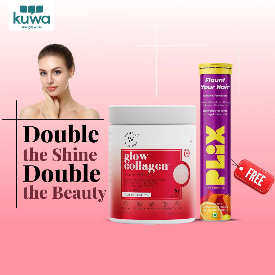 Wellbeing Nutrition Glow Japanese Marine Collagen Peptides, 250 Gms + FREE Plix Flaunt Your Hair Orange Burst 15 Effervescent Tablets Combo