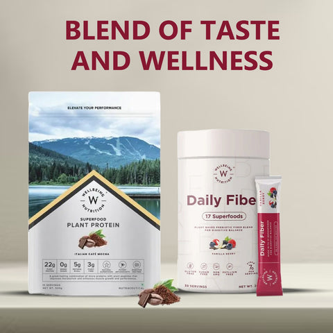 Well Being Nutrition Superfood Plant Protein Italian Cafe Mocha and Daily Fiber Vanilla Berry Flavor
