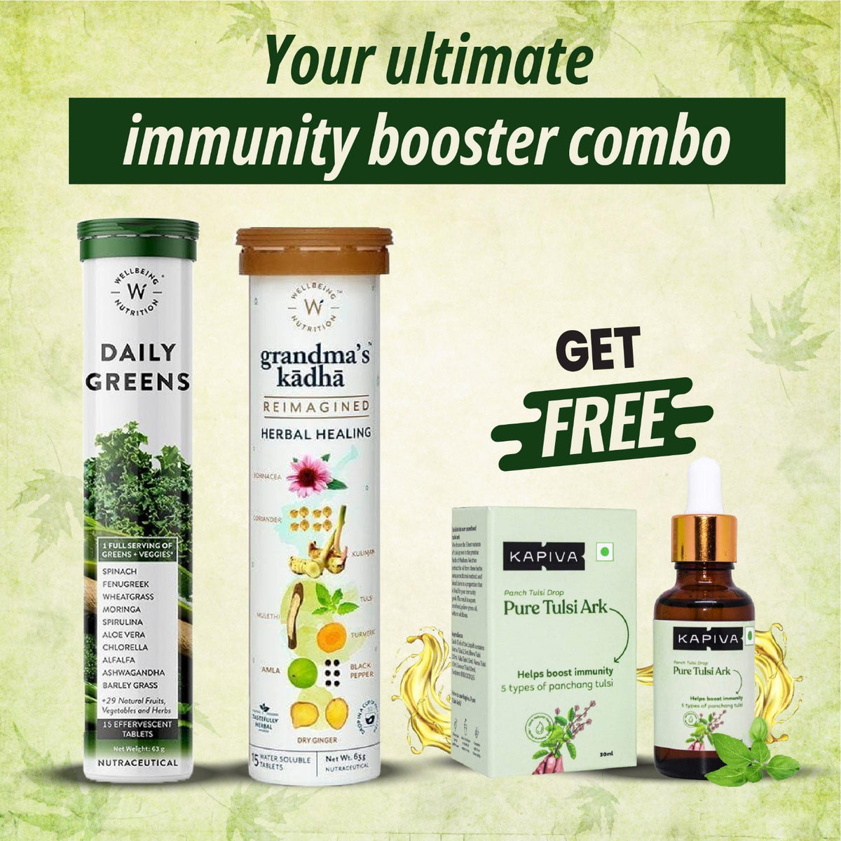 Wellbeing Nutrition Daily Greens and Grandma's Kadha Immunity Booster Combo (GET Pure Tulsi Ark FREE )