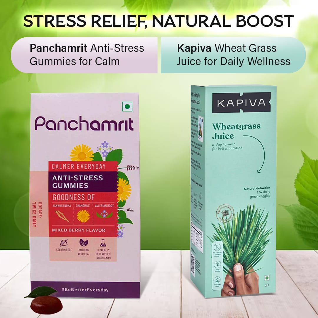 Panchamrit Calmer Everyday Anti-Stress Gummies 30 and KAPIVA Wheat Grass Juice - 1 Month Pack (2/Pack)