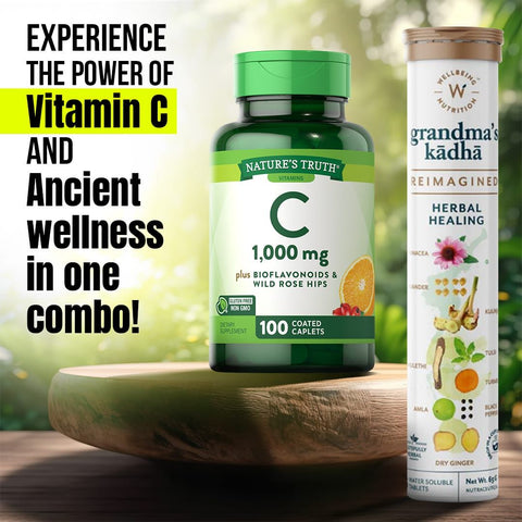 Nature's Truth Vitamin C, 1000 Mg, 100+10 Tablets and Wellbeing Nutrition Grandma Kadha Combo