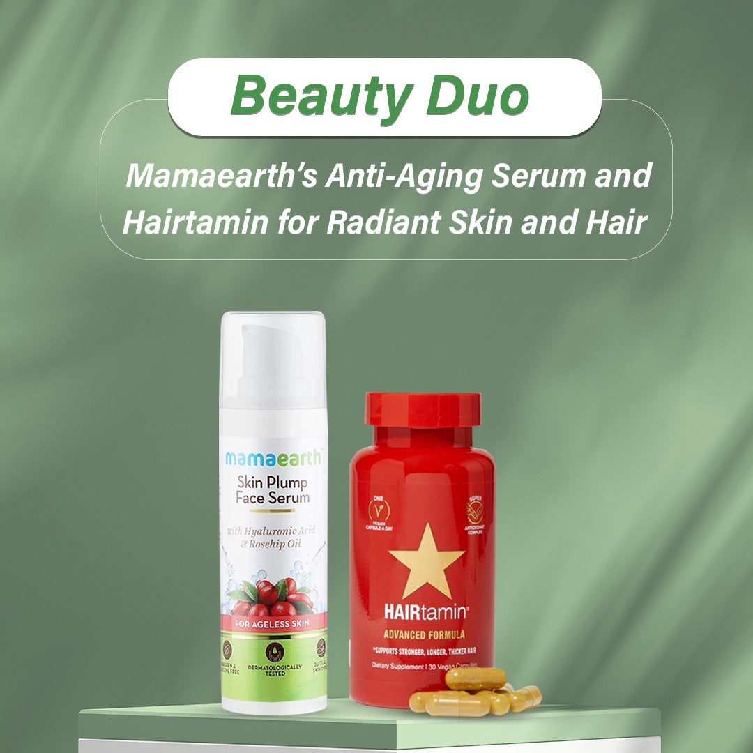 Mamaearth Skin Plump Face Serum Anti Aging Cream and Hairtamin Advanced Formula Red 30 Capsules