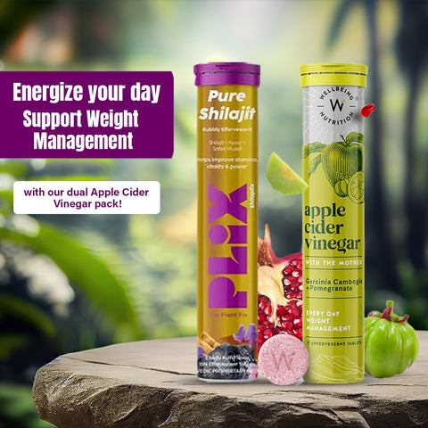 PLIX Pure Shilajit Elaichi Kulfi Flavour 15 Effervescent Tablets and Wellbeing Nutrition Apple Cider Vinegar Eff