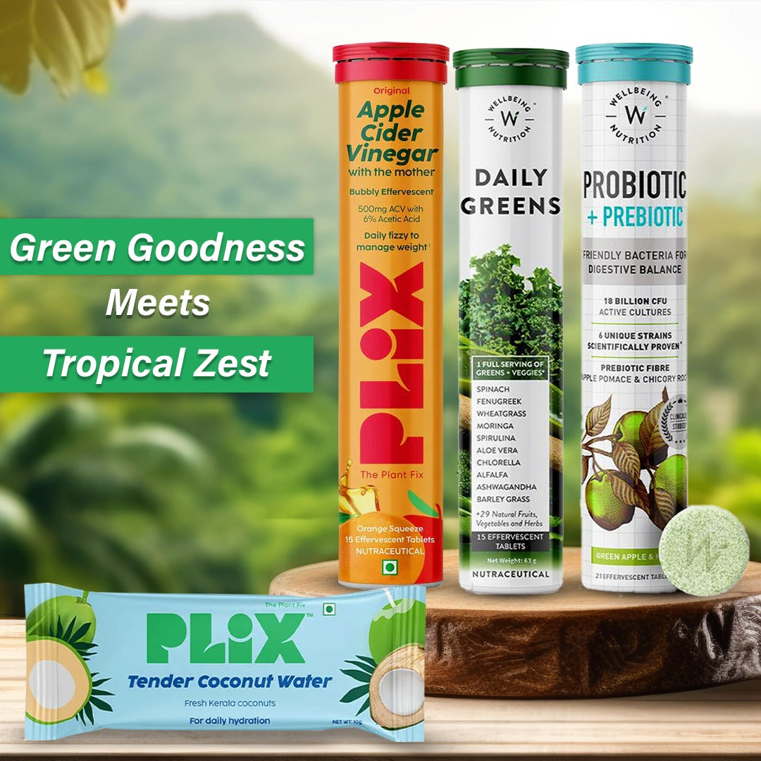 Plix Tender Coconut Water 10g and Daily Greens and Probiotic + Prebiotic + Plix Apple Cider Vinegar Orange Squeeze