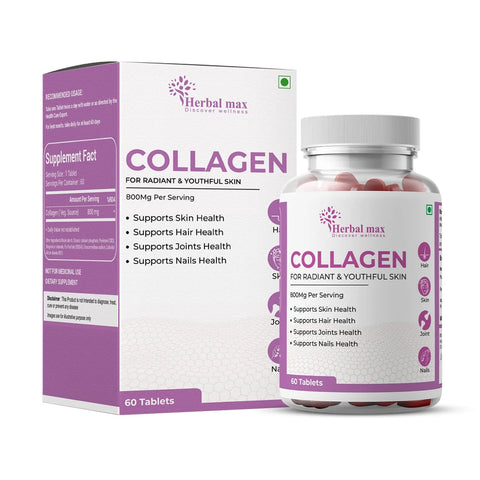 Herbal Max Collagen 60 Tablets 800Mg + FREE Plix Flaunt Your Hair Orange Burst 15 Effervescent Tablets Combo