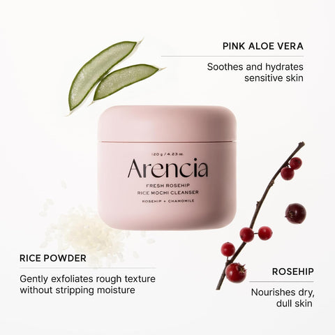 Arencia Rosehip Brightening Rice Mochi Face Cleanser & Daily Scrub - Moisturizing, Exfoliating & Deep-Cleansing - All Skin Types with Rice Powder & Rice Water (120g) - Image 5
