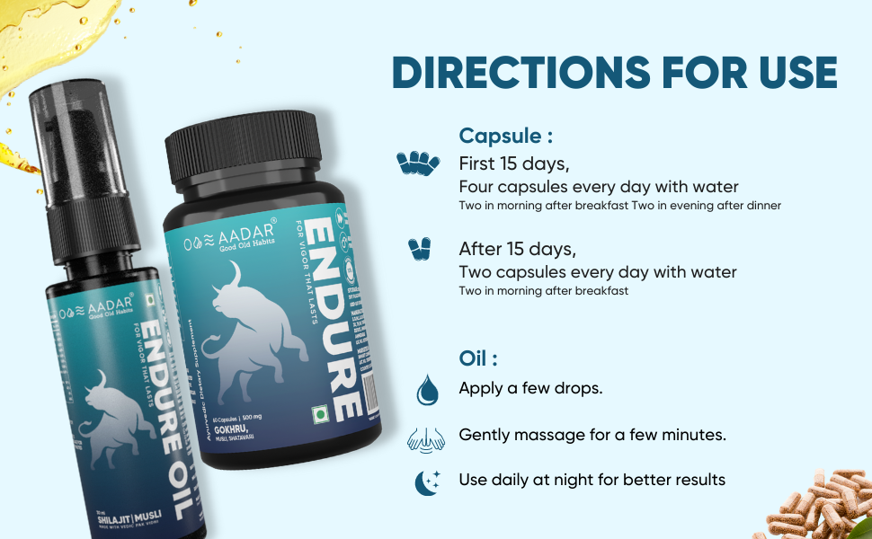 AADAR ENDURE Capsule and Oil Improves Energy Ayurvedic Herbs Shatavari, Musli, Shilajit (60 capsules and 30 ml oil) (Pack of 2) - 3