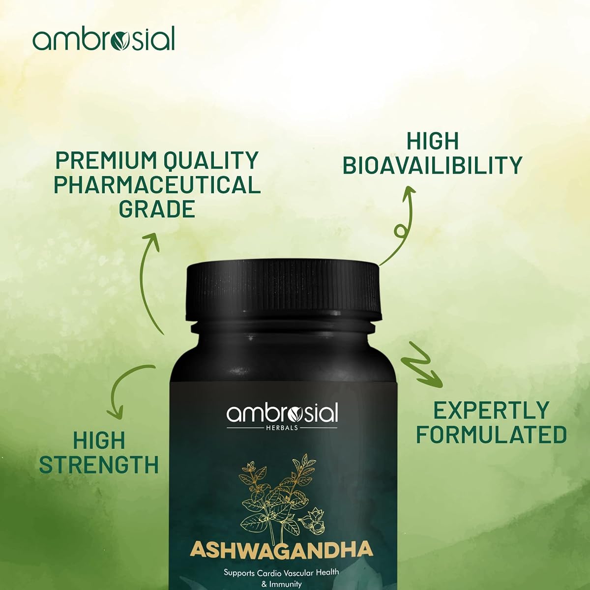 Ambrosial Ashwagandha Capsules - 500mg High Strength Herbal Supplement, 60 Vegan Capsules