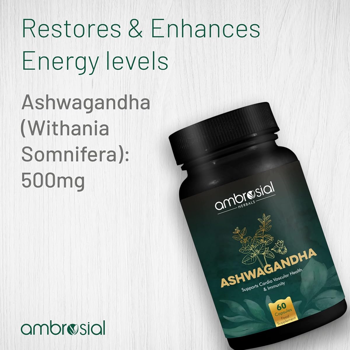 Ambrosial Ashwagandha Capsules - 500mg High Strength Herbal Supplement, 60 Vegan Capsules