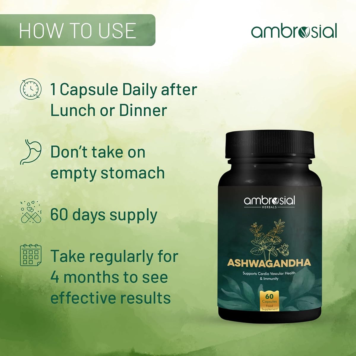 Ambrosial Ashwagandha Capsules - 500mg High Strength Herbal Supplement, 60 Vegan Capsules