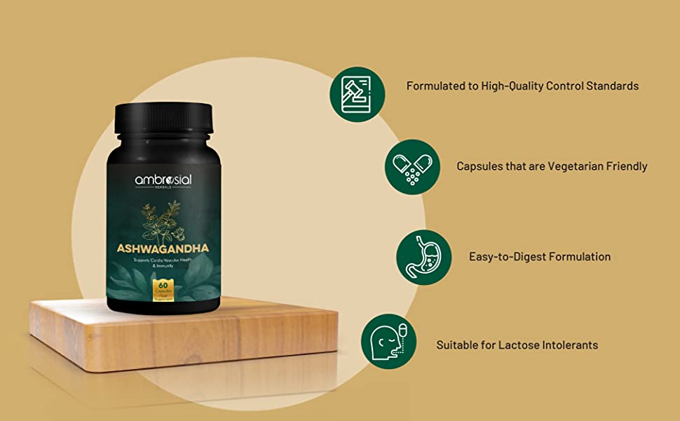 Ambrosial Ashwagandha Capsules - 500mg High Strength Herbal Supplement, 60 Vegan Capsules - 4