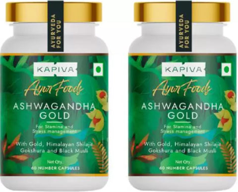 Kapiva Ashwagandha Gold Capsules, 183rd day harvested Potent Nagori Ashwagandha With Gold, Shilajit | Helps in Stress Management, Improve Energy and Stamina | For Men & Women (60 Capsules) Pack of 2