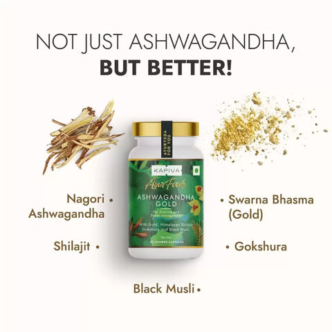 Kapiva Ashwagandha Gold Capsules, 183rd day harvested Potent Nagori Ashwagandha With Gold, Shilajit | Helps in Stress Management, Improve Energy and Stamina | For Men & Women (60 Capsules) Pack of 2