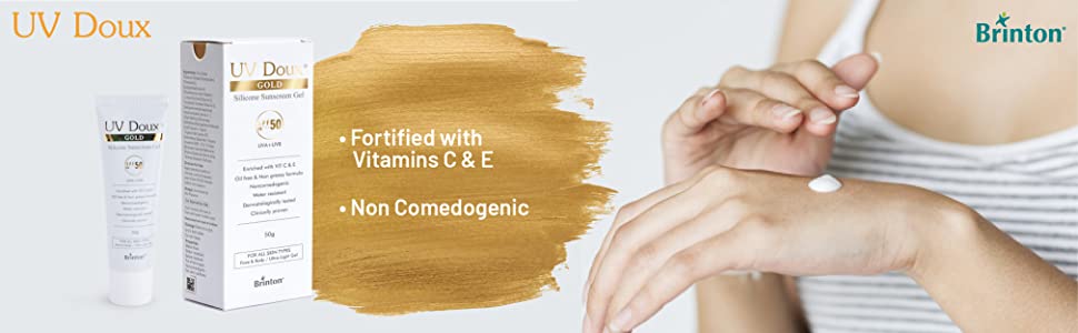Brinton UV Doux Gold Silicone Sunscreen Gel SPF 50 PA+++ with Vitamin C & E, 50g - 1
