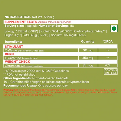 Wellbeing Nutrition Slow Burn Capsules - L-Carnitine, Caffeine & Chromium - 60 Capsules - Image 2