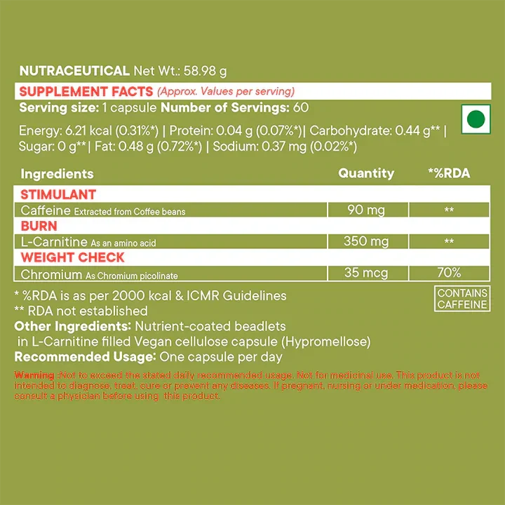 Wellbeing Nutrition Slow Burn Capsules - L-Carnitine, Caffeine & Chromium - 60 Capsules - Image 2