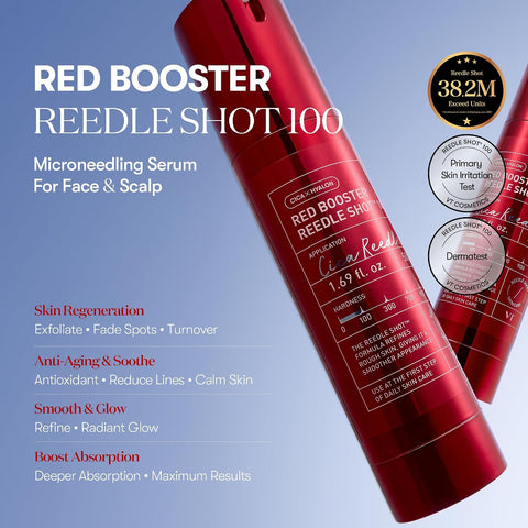 VT COSMETICS Red Booster Reedle Shot 100, Microneedling Serum with Dragon’s Blood, Exosome, Soothing Relief Serum for Irritated, and Sun-Stressed Skin, Scalp Care, Korean Skincare 1.69 fl oz (50ml) - Image 2