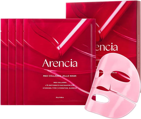 ARENCIA Red Collagen Jello Mask, Plump & Hydrating x 4ea, Overnight Hydrogel Mask for Dry, Mature Skin, Packed with Collagen, 5 Peptides, 2% Niacinamide