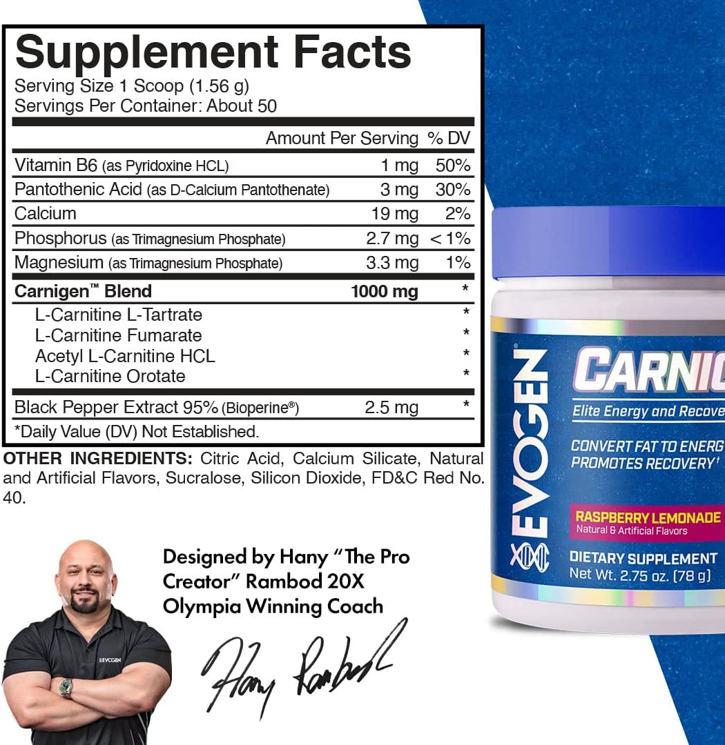 Evogen Carnigen Sports Nutrition Powder - Raspberry Lemonade, 50 Servings - Image 2