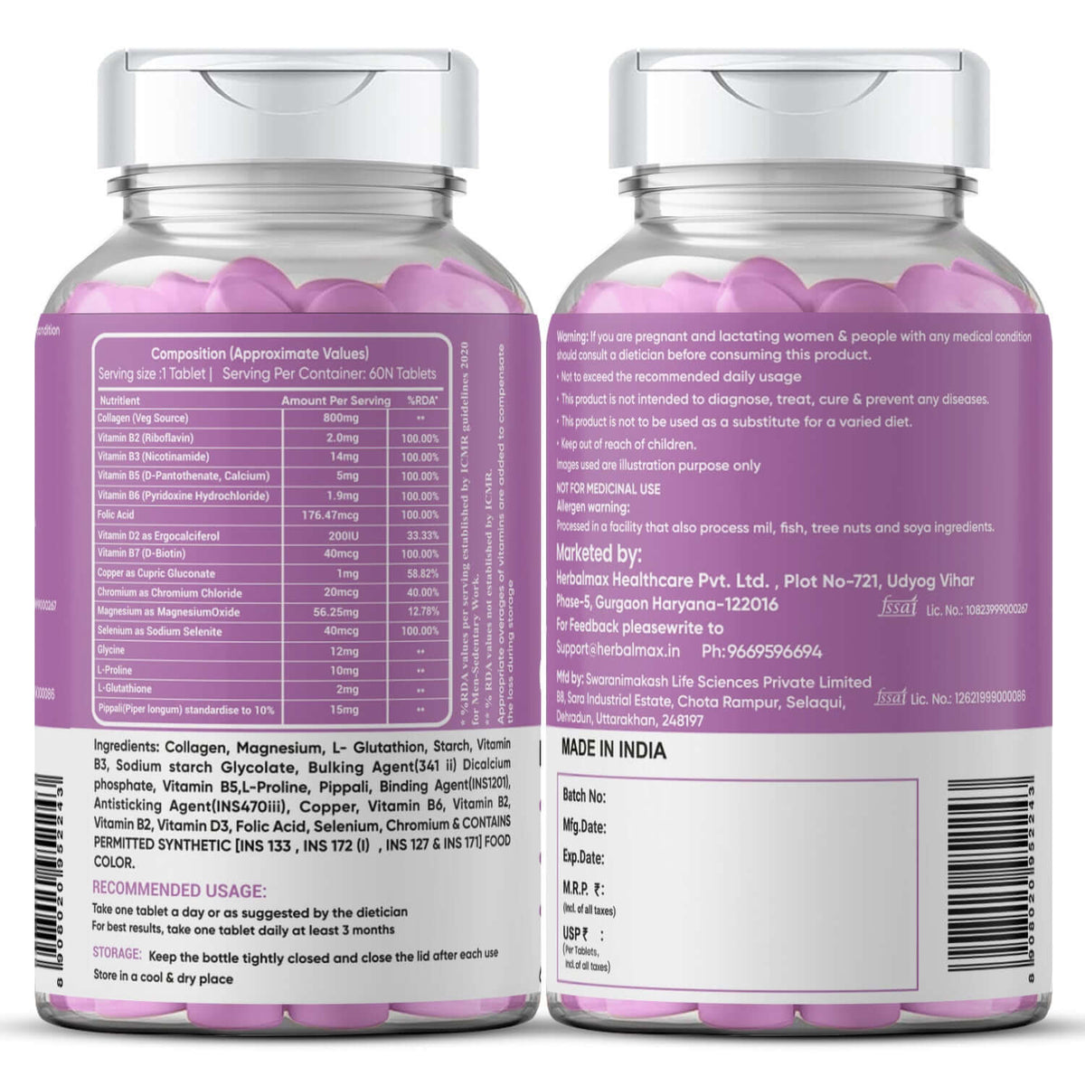 Herbal Max Collagen Beauty Supplements - 60 Tablets, 800mg