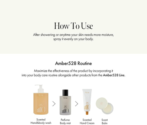 Amber528 Body Skin Care Mist, Vegan Mist with Yuzu Extract, Hinoki Cypress Oil & Hyaluronic Acid Complex for Dry Skin, Warm Amber Scent, Silicone & Paraben Free (100ml / 3.38 fl. Oz) - Image 6