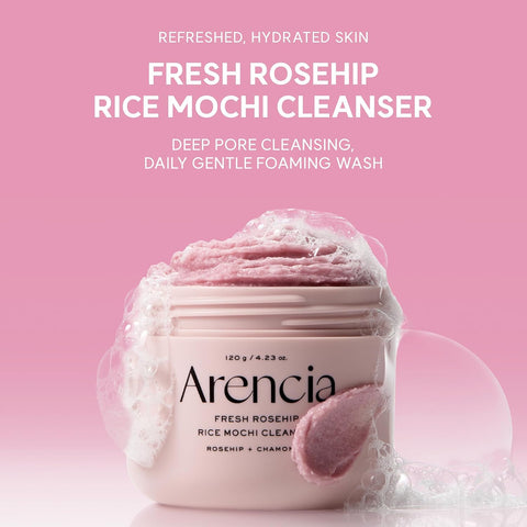 Arencia Rosehip Brightening Rice Mochi Face Cleanser & Daily Scrub - Moisturizing, Exfoliating & Deep-Cleansing - All Skin Types with Rice Powder & Rice Water (120g) - Image 2