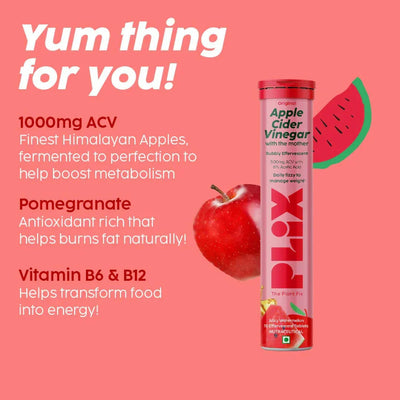 Plix Apple Cider Vinegar Juicy Watermelon Effervescent Tablets - Weight Management - 15 Count - Image 2