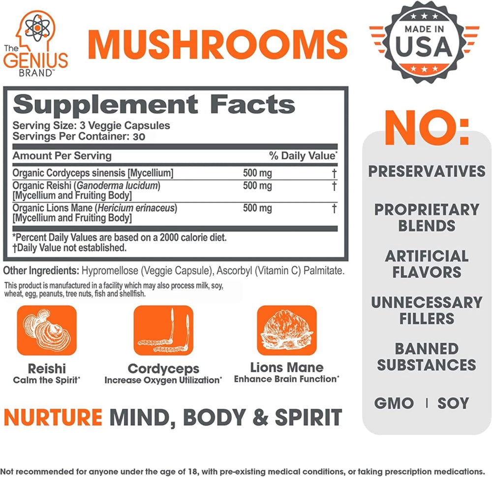 The Genius Brand Mushrooms Capsules - Herbal & Ayurvedic, 30 Servings, 90 Count - Image 2
