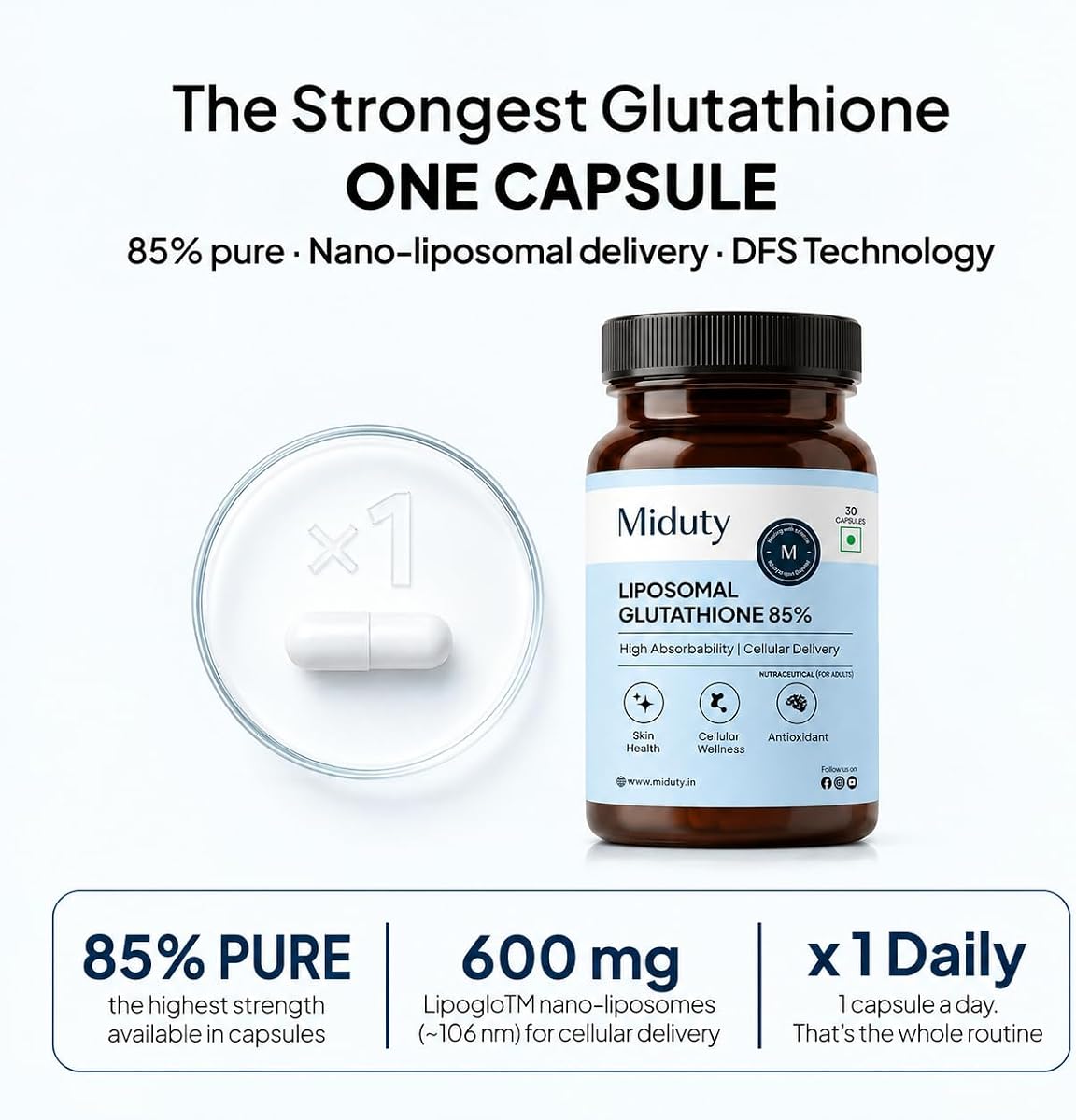 Miduty Liposomal Glutathione Capsules - Advanced Nano-Formula, 600mg, 30 Veg Capsules