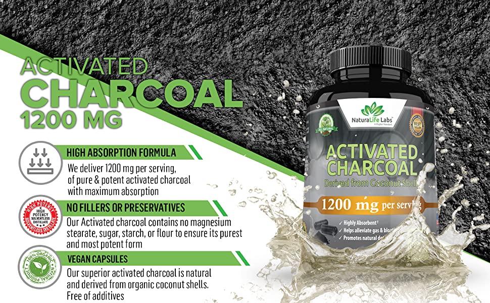 Naturalife Labs Activated Charcoal 1200mg Gut Health Capsules, 100 Count - 1