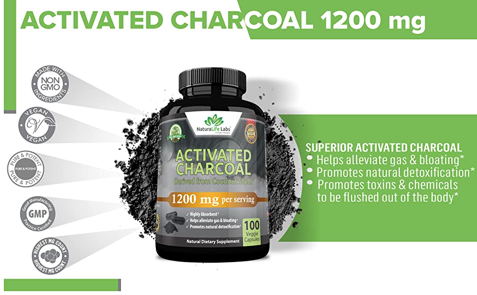 Naturalife Labs Activated Charcoal 1200mg Gut Health Capsules, 100 Count - 2