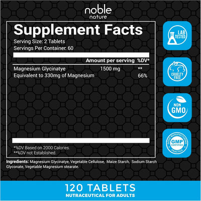 Noble Magnesium Glycinate Chelated - High Absorption, 120 Veg Tablets