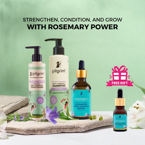 Pilgrim Spanish Rosemary & Biotin Anti Hairfall Shampoo + Conditioner + Advanced Hair Growth Serum 50 Ml + FREE Pilgrim Vitamin C Brightening Face Serum 5Ml