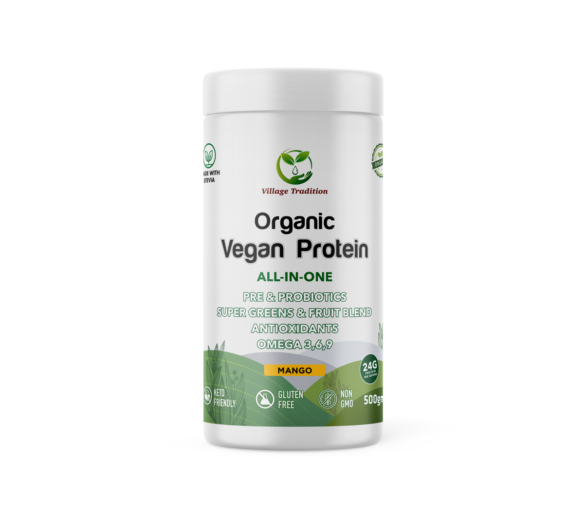 Village Tradition Organic Vegan Protein - Mango Flavour, Sports Nutrition Powder, 500g