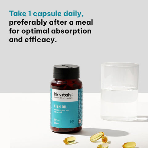 زيت السمك من إتش كيه فيتالز للرجال والنساء (60 كبسولة) | 1000 ملغ من أوميغا 3 مع 180 ملغ من حمض إيكوسابنتينويك و120 ملغ من حمض الدوكوساهيكسانويك | لصحة الدماغ والقلب والعينين والمفاصل