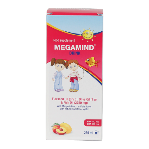 Megamind Drink Fish Oil 2.75 g, Olive Oil 1 g and Flaxseed Oil Mango and Peach Flavor 230 ml Syrup