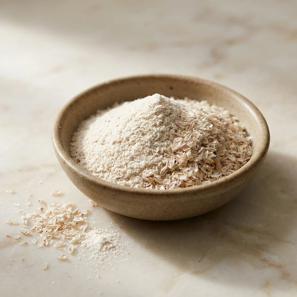 Close up of psyllium husk fibre powder in a stoneware dish