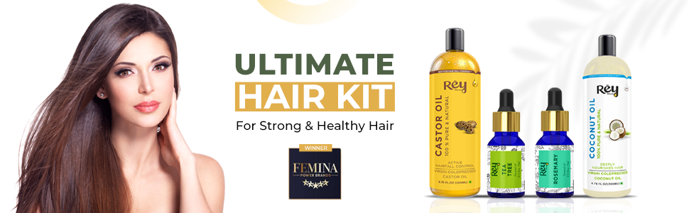 Rey Naturals Hair Oils Combo - Castor, Coconut, Tea Tree, Rosemary - 200ml/15ml - 1