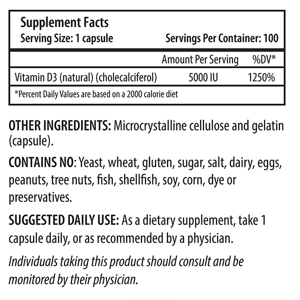 Pro Health Vitamin D3 5000 IU, 100 Capsules - Image 2