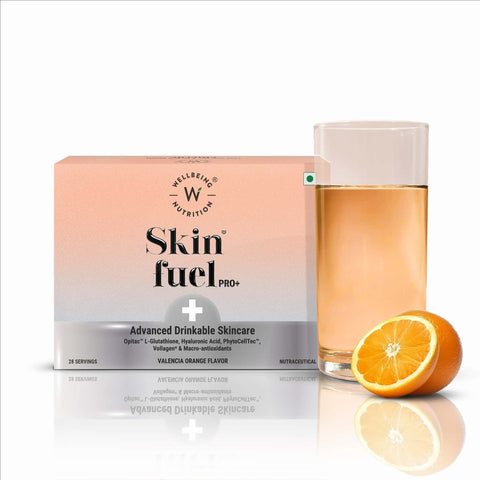 مكمل غذائي Wellbeing Nutrition Skin Fuel Pro+ بنكهة برتقال فالنسيا، 28 كيسًا في العبوة