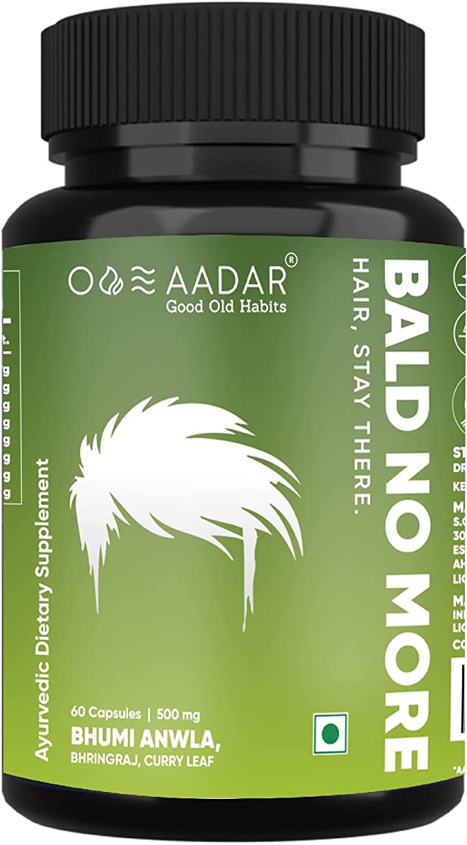 AADAR BALD NO MORE Hair Capsule for Men |Essential hair vitamins to support Hair Growth, Ayurvedic Hair Fall and Damage Control | Grapeseed, Anwala, Turmeric (60 capsules 500 mg) (Pack of 1)