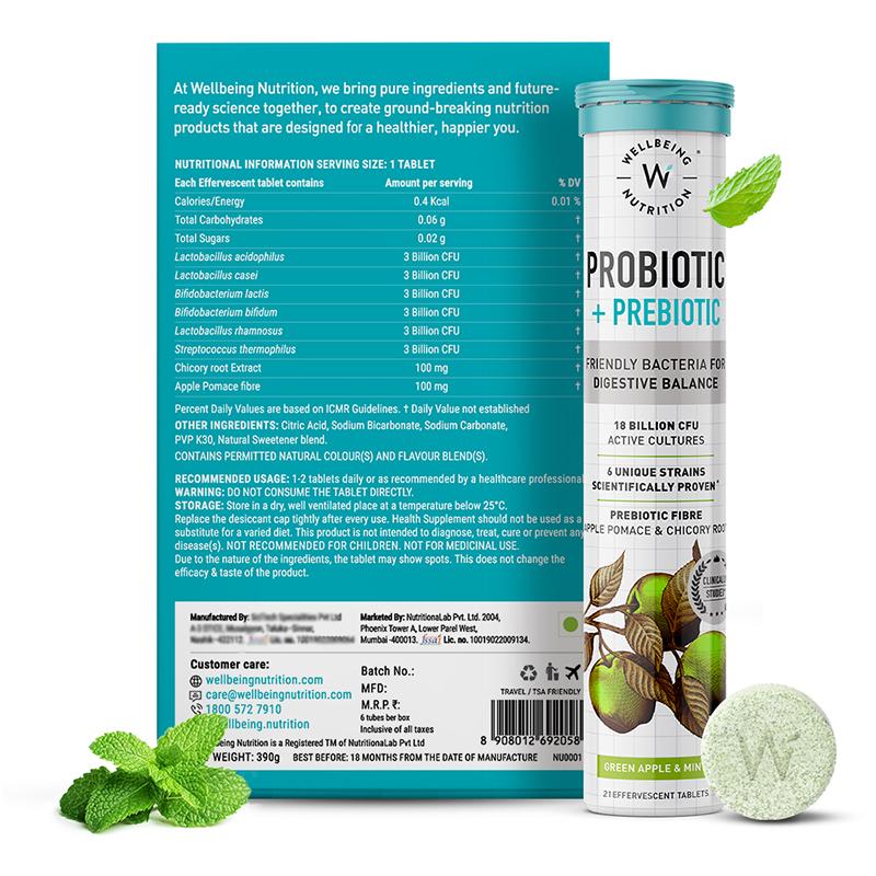 Wellbeing Nutrition 18 Billion CFU Probiotic + Prebiotic Effervescent Tablets - Green Apple & Mint
