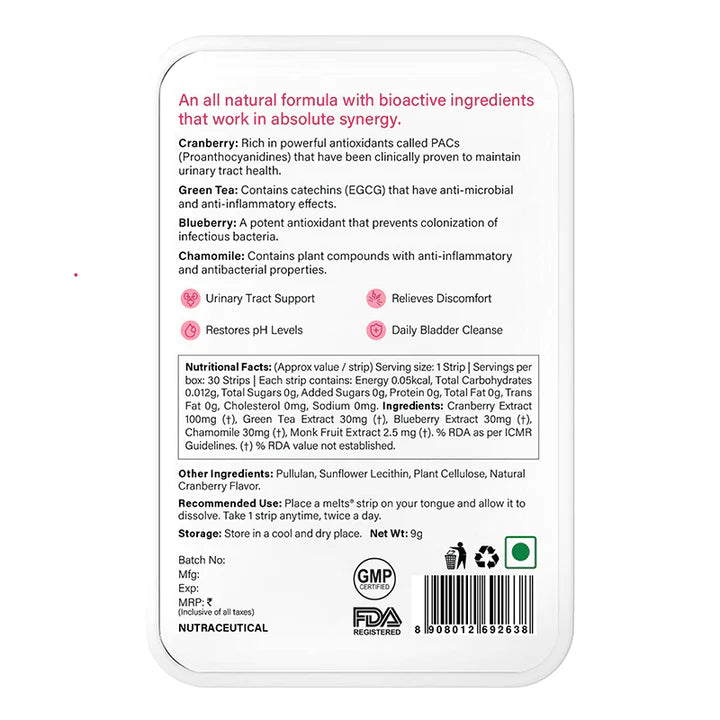 Melts UTI Relief- Cranberry Fusion Flavour, Oral Strips